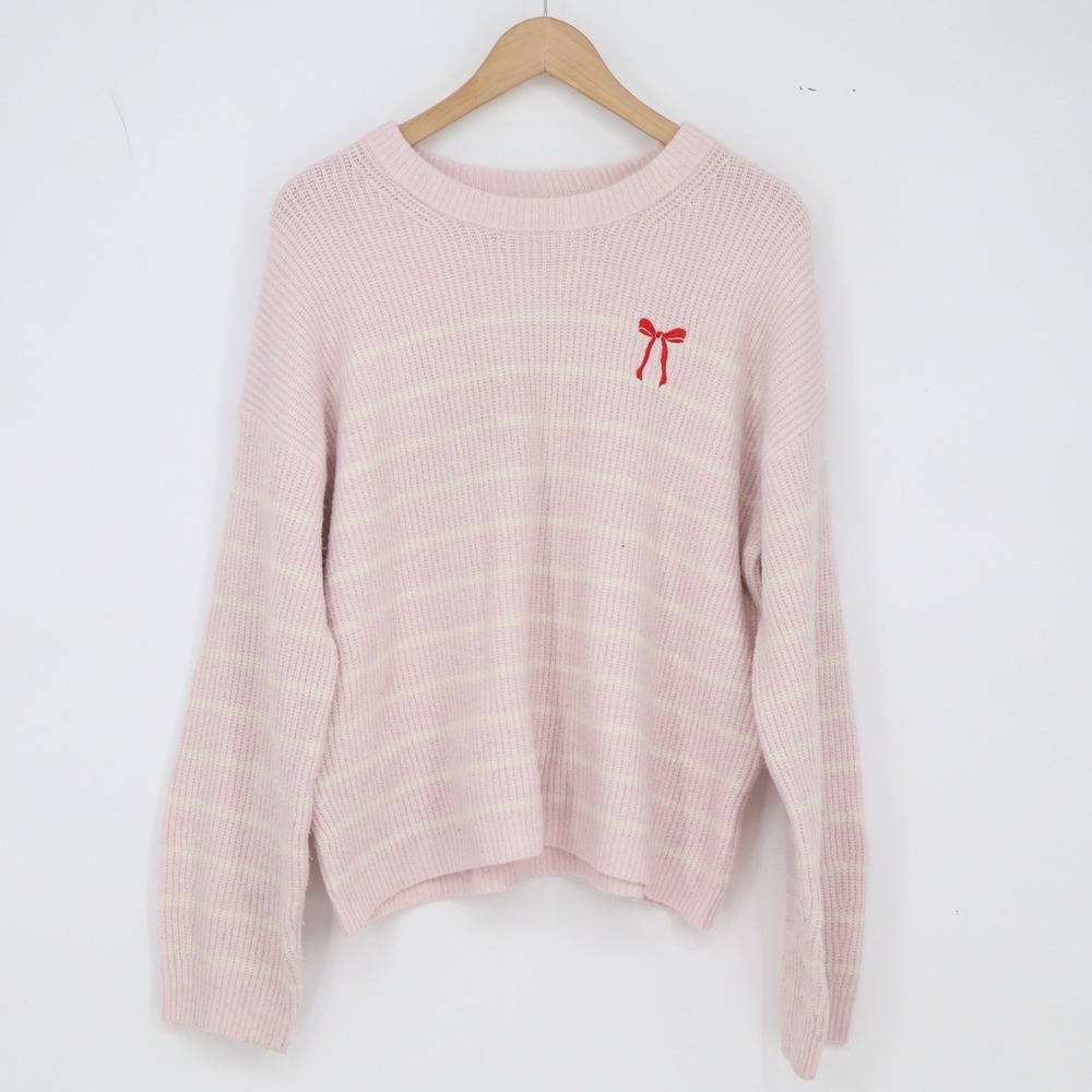 A New Day Sweater Womens XL Pullover Pink Striped Bow Embroidered Excellent